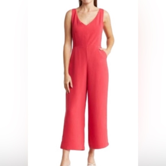 Melloday “Marsala” Pink Wrap Tie Palazzo Wide Leg Romper SzM Pockets - Picture 1 of 15